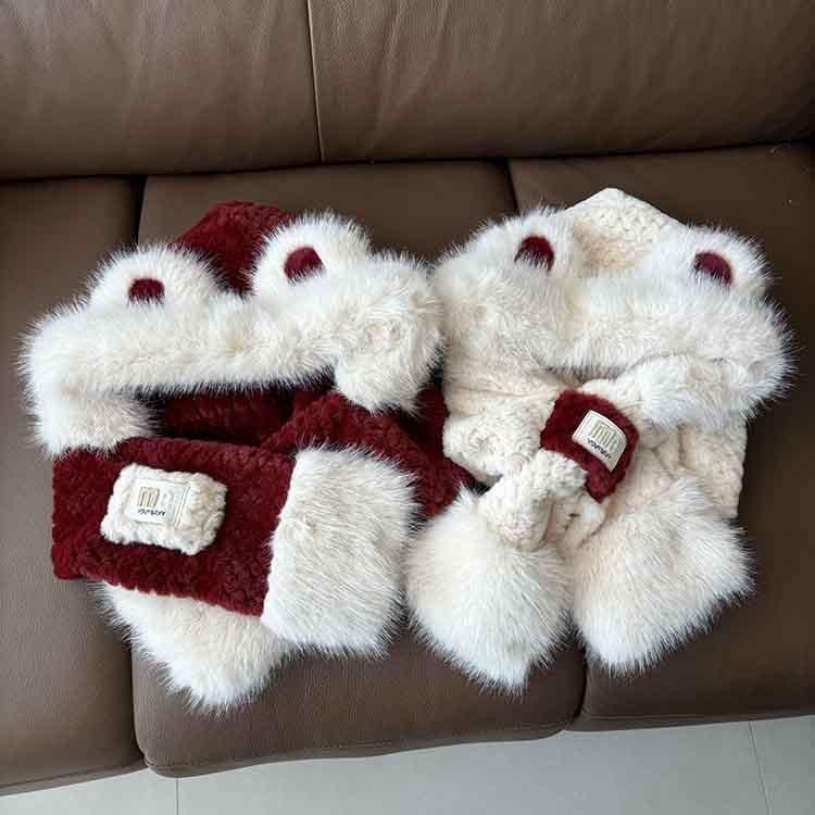 Ange Kola red cute bear ears hat scarf integrated thickened warm winter hooded student plush hat
