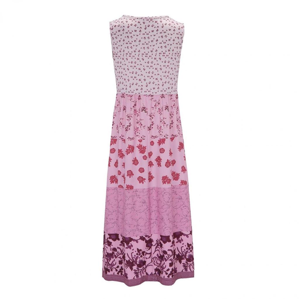 Women's Bohemian Floral Print Maxi Dress Sleeveless Round Neck Beach Flowy Party Beach Dress