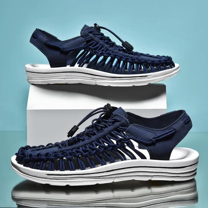 

Летние мужские сандалии женские шлепанцы дизайн плетение пляжные сандалии плоские дышащие повседневные сандалии уличные парные сандалии размер 48 38 темно-синий