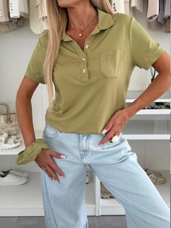 2025 Urban Casual Women's Lapel Solid Color Pocket Short Sleeve T-shirt