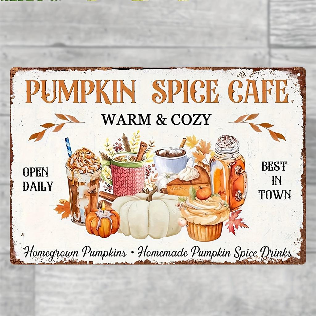 2D Flach - 1 Stück Vintage Kürbisgewürz Café Metallschild - 8x12 Zoll | Rustikale Wanddekoration mit Kaffee, Cupcakes und Herbstblättern | Pro