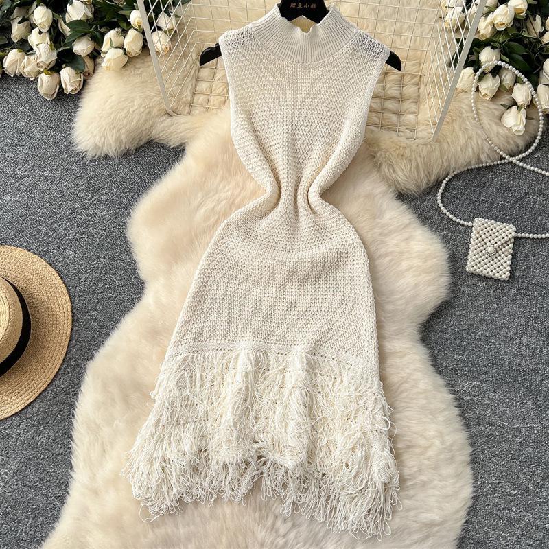 Summer European & American Knitted Dress: Sexy Sleeveless Tassel Short Skirt, Hollow-Out Patchwork, Slim-Fit Design