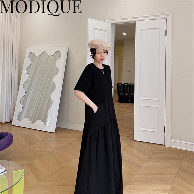 MODIQUE Summer Plus Size New Dress Shirt Women Loose Patchwork Cotton Linen Basics Folds A-Line Dress Solid Casual Female Dresses O-Neck
