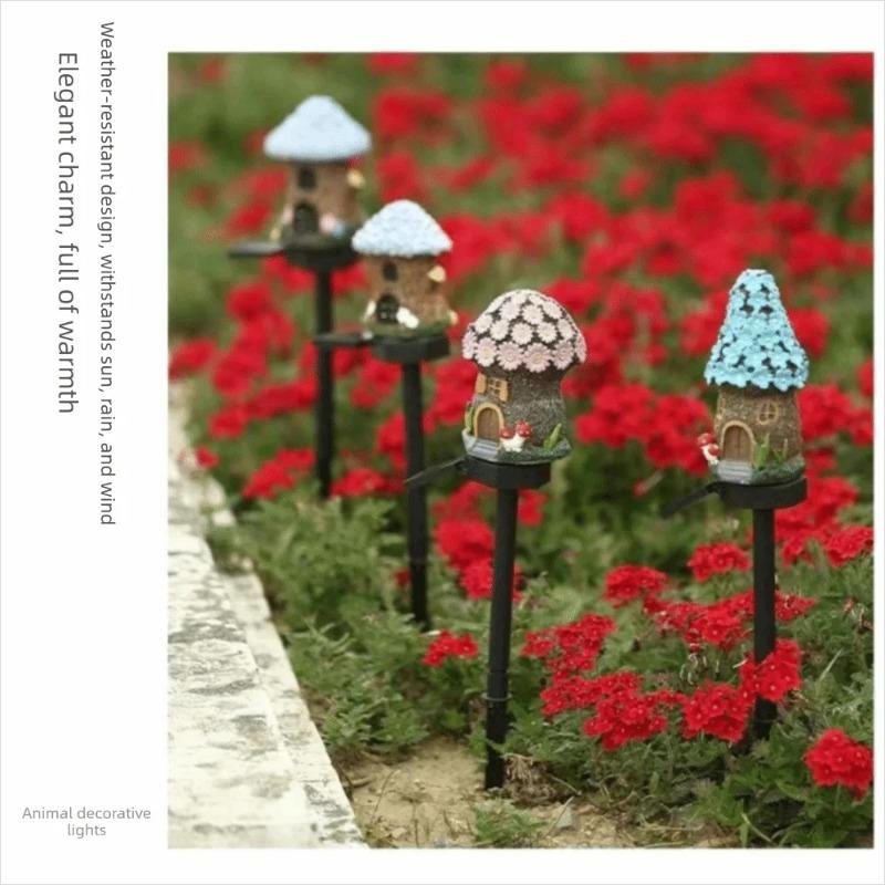 Multi Craft LED Solar Lawn Light Resin Cottage Waterproof Garden Lamp Miniature Fairy House Mushroom Decor for Outdoor Yard Patio Pathway