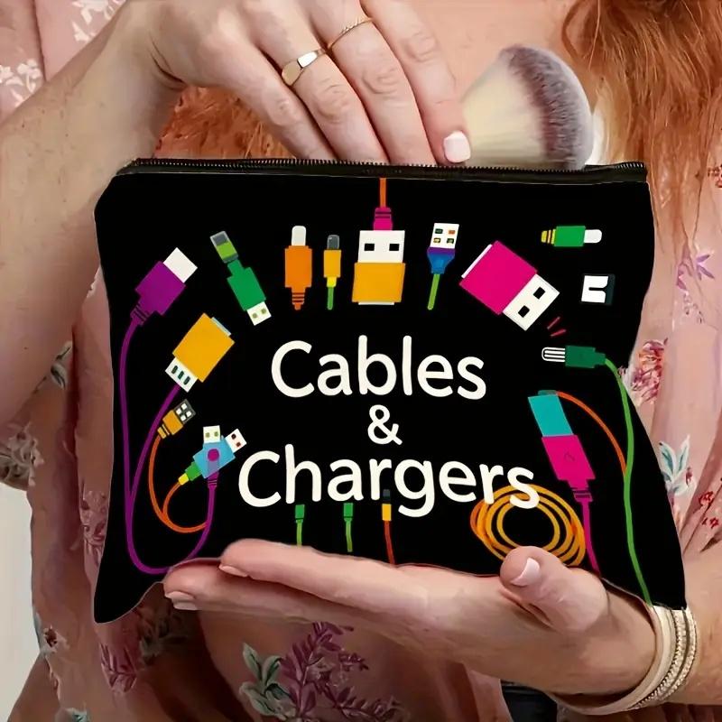 

Черная сумка-органайзер для кабелей с иконками Black Tech, Прочный складной дорожный чехол для пауэрбанков и кабелей чёрный