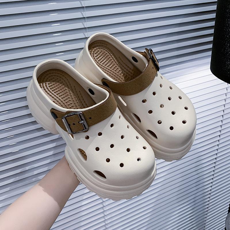 

Leather thick heel cool slippers women s summer new muffin thick bottom hollow fish mouth slippers wear fashion one-word drag 36 бежевый