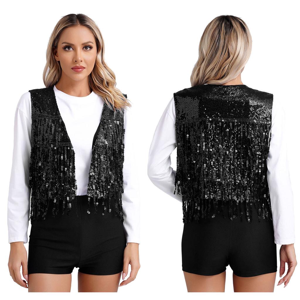 Women's Shiny Sequin Sleeveless Vest Sparkly Casual Open Front Waistcoat Jackets Glitter Vest Coat