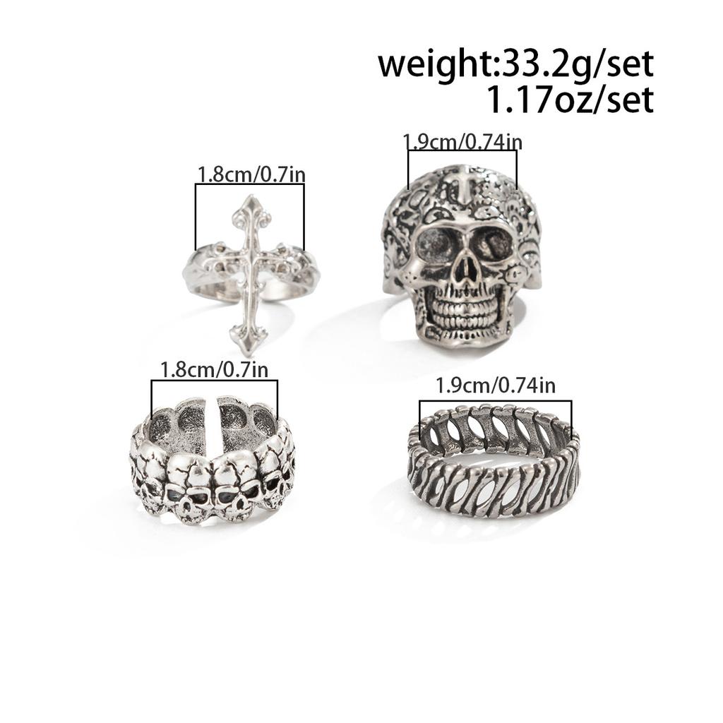 Exaggerated and Unique Skull Ring Set for Men, Hip-Hop Style, Niche High-End Cross Ring Jewelry
