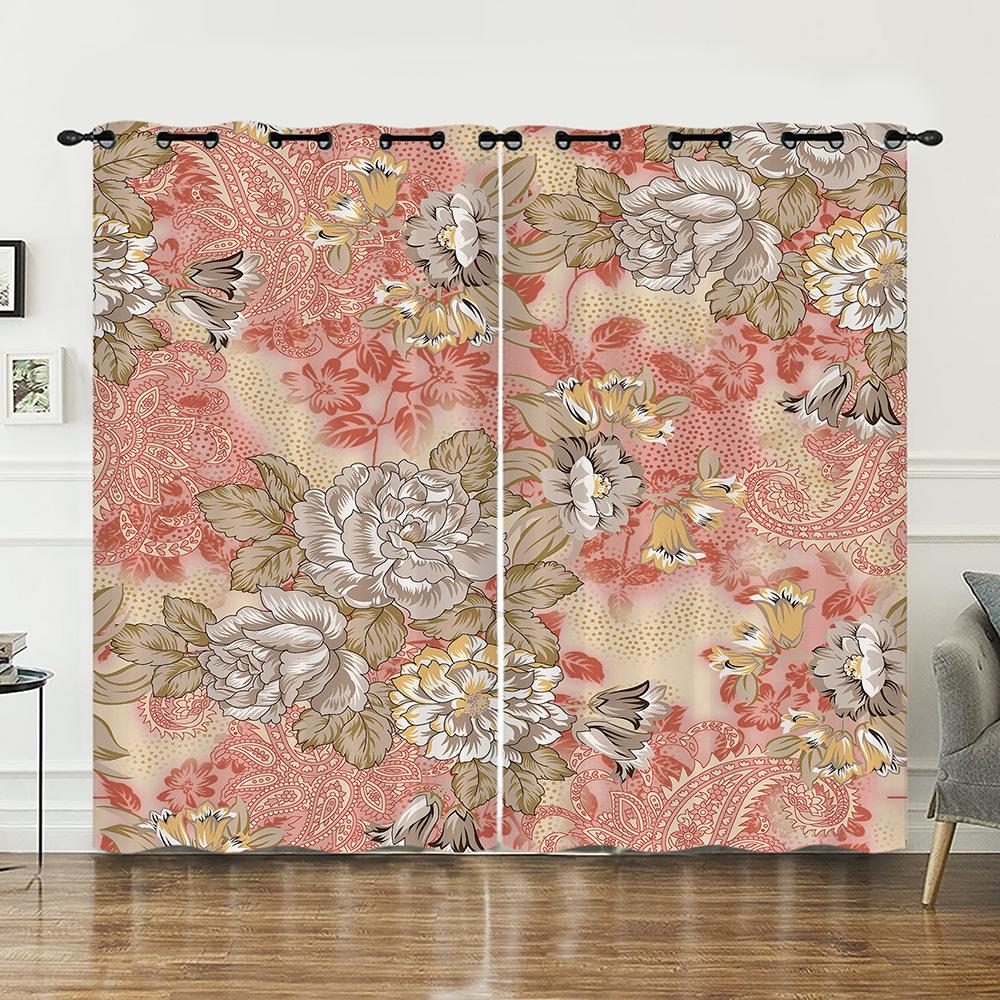 Curtains Court Pattern Retro Flower Curtain Digital Printing Blackout Curtain No Punching
