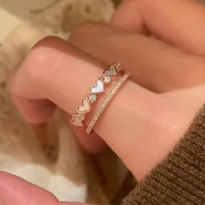 Zirkon Perlmutt Herz Vintage Koreanischer Doppelring - Eleganter Trendiger Schmuck für Damen