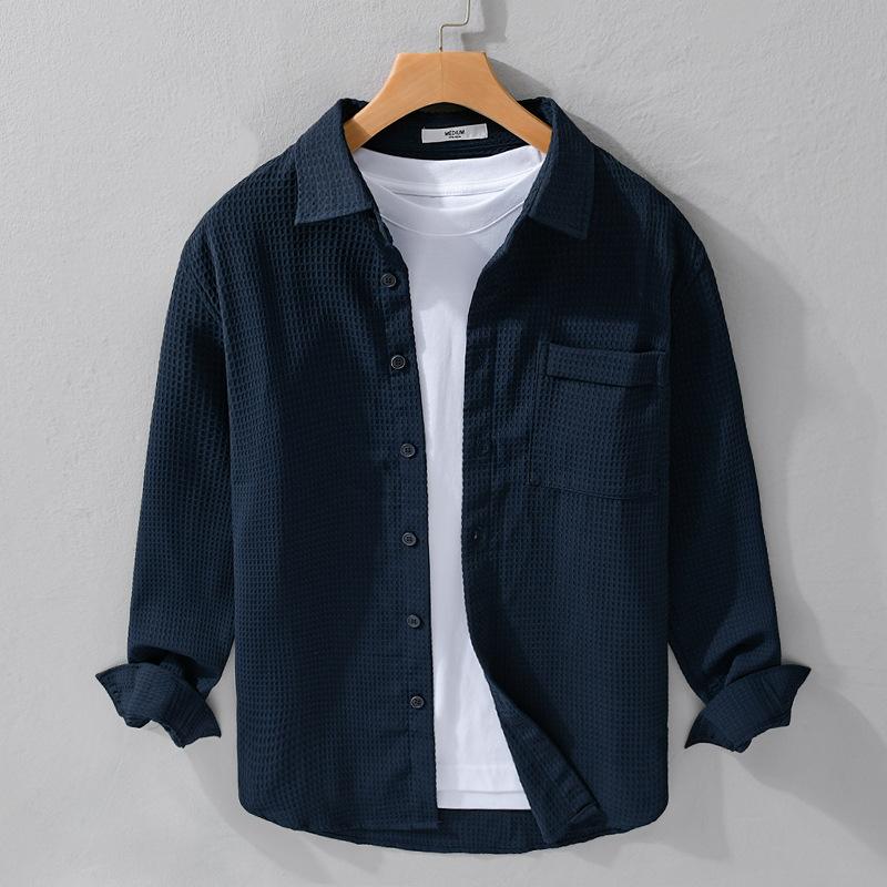 

Весенне-летняя однотонная мужская рубашка с длинным рукавом и карманом, повседневная рубашка с отложным воротником, вафельная текстурированная рубашка, простой стиль, мужская одежда 3XL