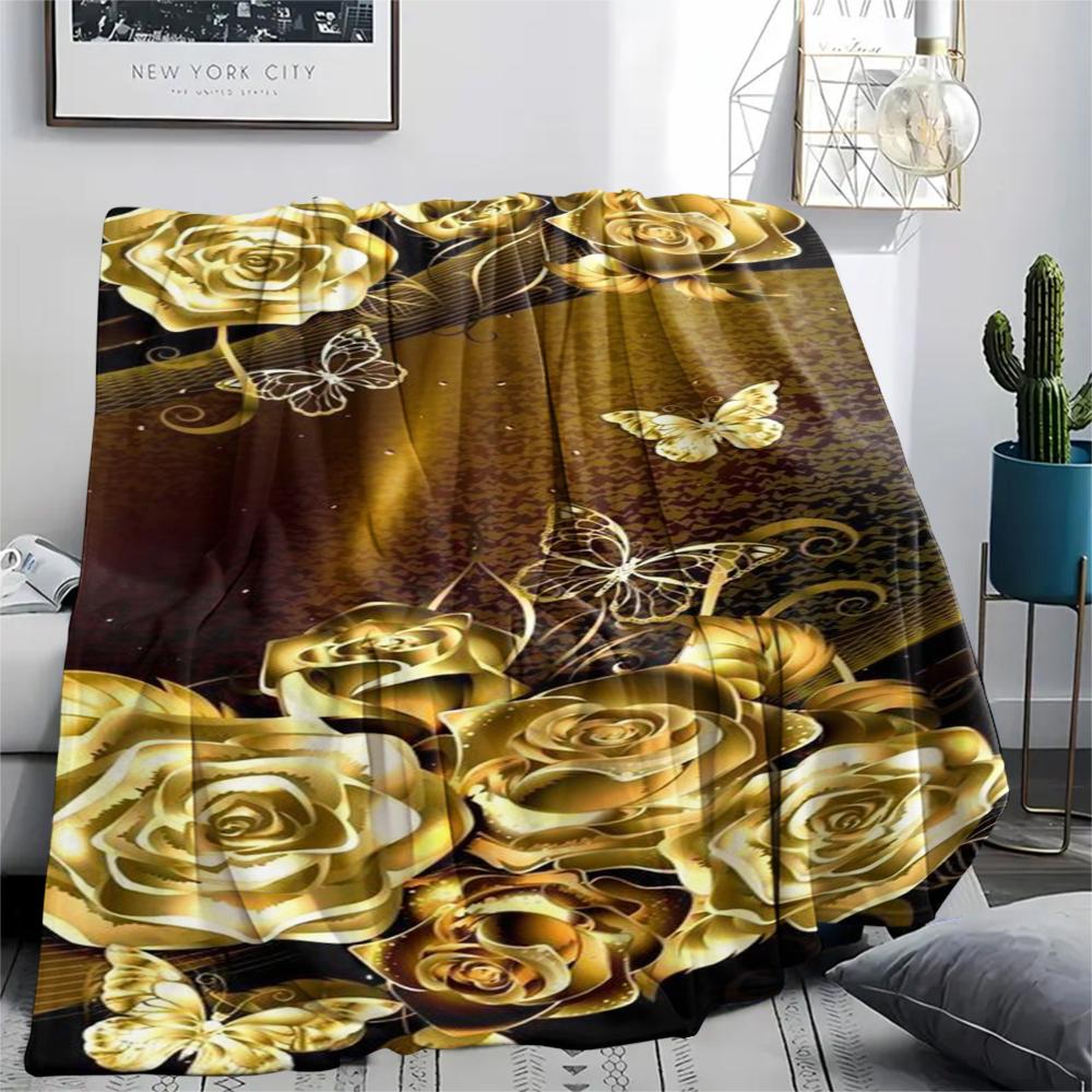 1Pc Golden Flower Print Flannel Blanket, High Quality Comfortable for All Seasons, Home Decor, Warmth and Comfort, Perfect for Gifts