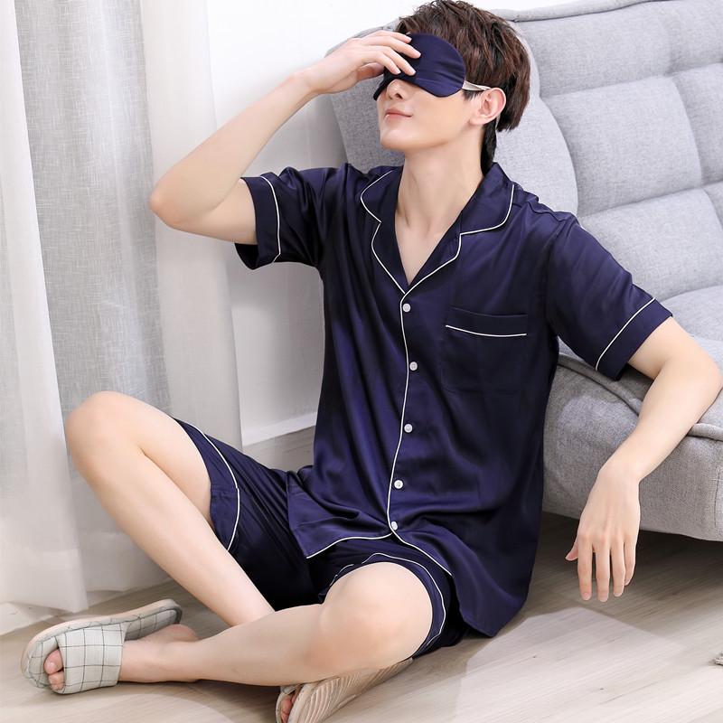 Men's Summer Satin Pajama Set: Short Sleeve & Shorts, Lapel Cardigan, Solid Color, Lightweight Silk Simulation.