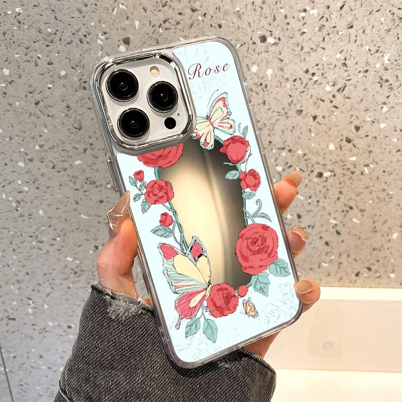 Rose Flower Phone Case For iPhone 16 Pro Case Funda iPhone 13 11 12 14 15 Pro Max Plus XR X XS Shockproof Make Up Mirror Cover