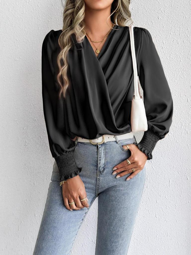 Women's Chiffon V-neck Lantern Sleeve Blouse - Solid Color Fashion Top