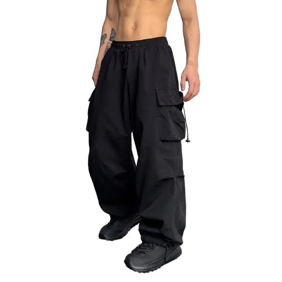 Men Baggy Cargo Pants Solid Color Parachute Pants Loose Fit Jogger Trousers with Side Pockets for Street Outdoor Sports