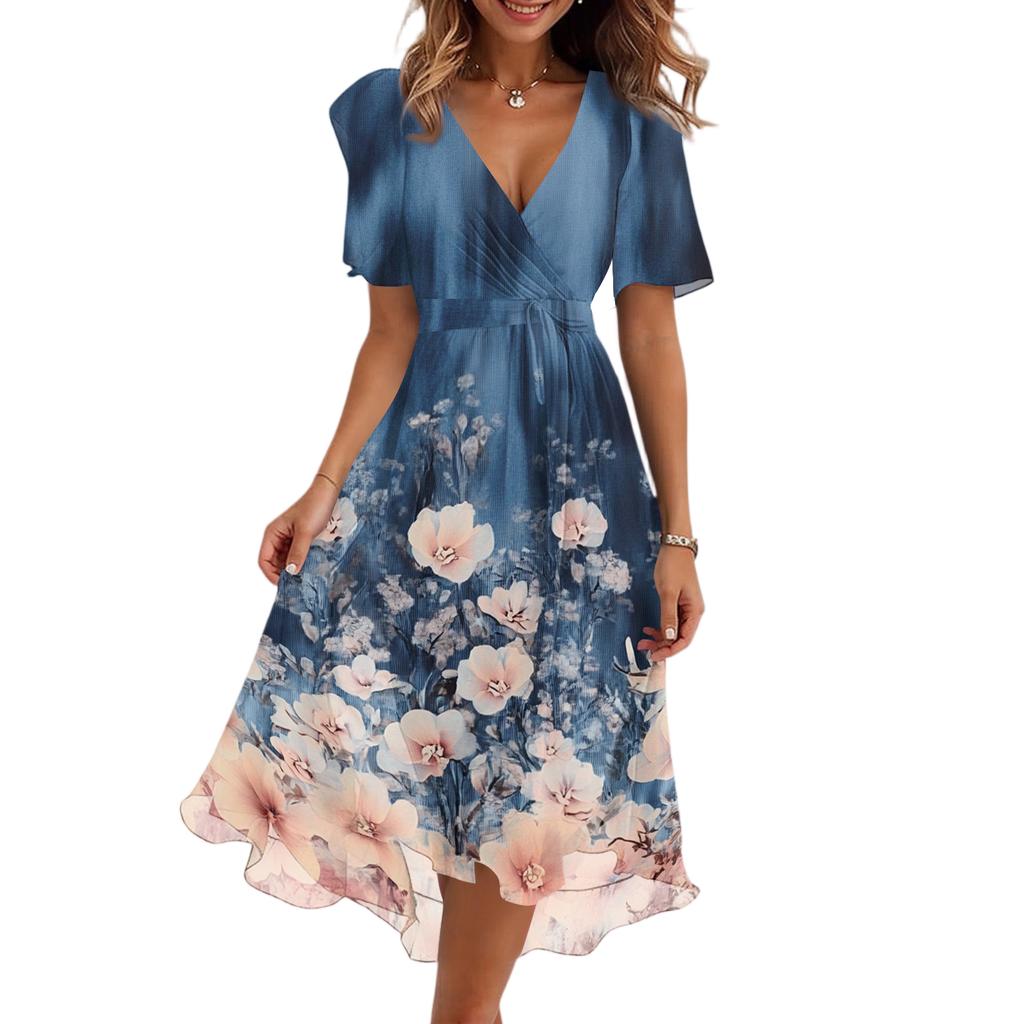 Women’s Short Sleeve V Neck Floral Print Midi Dress with High Waist and Flared Hem for Casual or Daily Wear