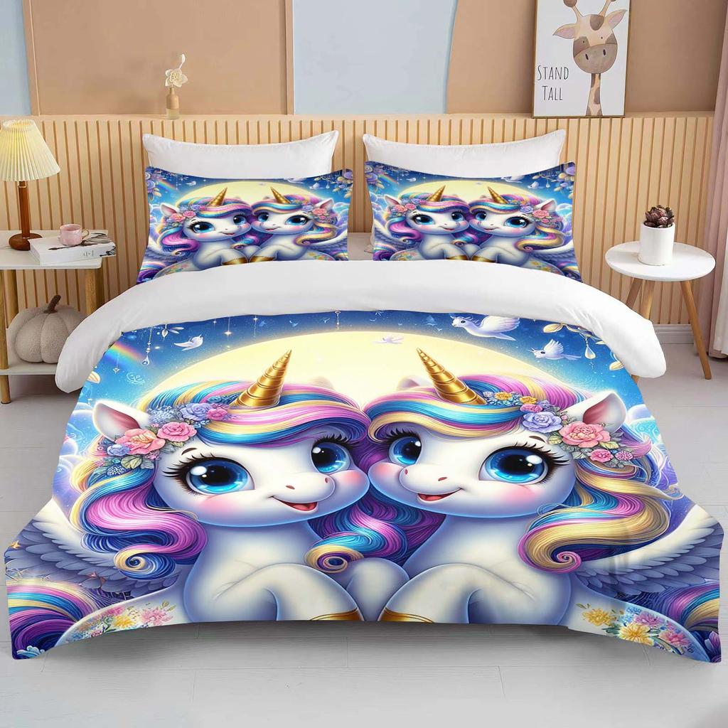 Cute Cartoon Unicorn Print Bedding Set Duvet Cover 1 Duvet Cover 2 Pillowcases Adult and Children Bedding Set Luxury Grils Gift
