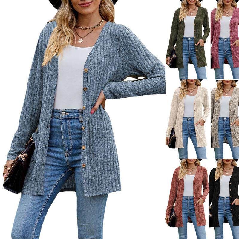 2023 Cross-Border Autumn New Women's Clothing Amazon Women's Brushed Ribbed Solid Color Long-Sleeve Cardigan Jacket