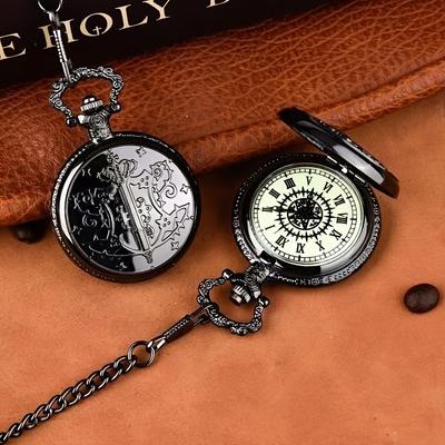 Schwarze Diakonen-Taschenuhr Anime-Taschenuhr Halskettenuhr Zifferblatt modische Quarzuhr Klapp-Römisch