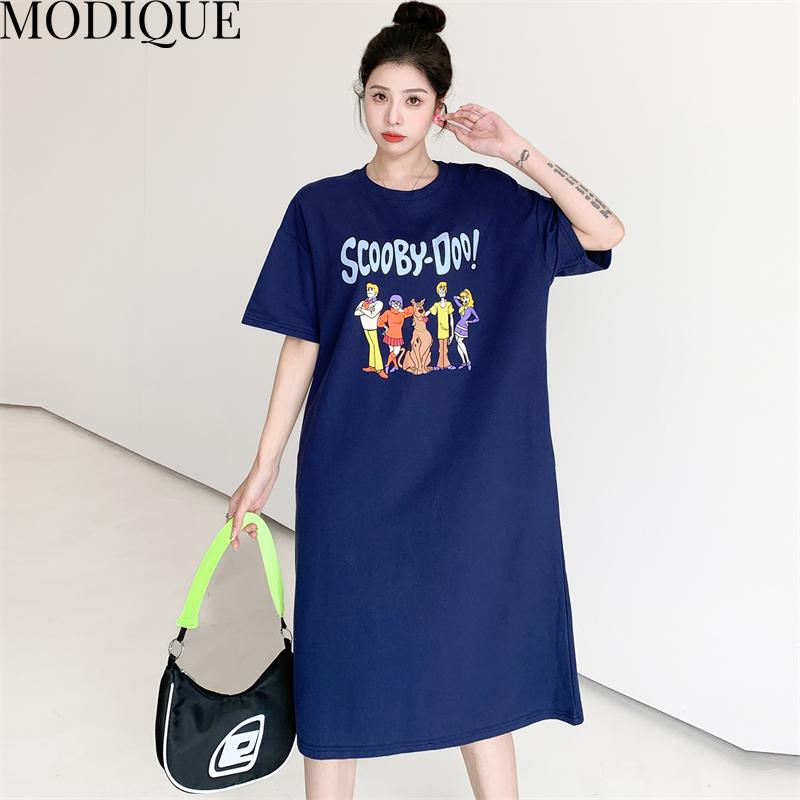 

MODIQUE, летняя женская свободная универсальная хлопковая футболка больших размеров с мультяшным принтом, длинные платья, женские повседневные платья с коротким рукавом и круглым вырезом L синий