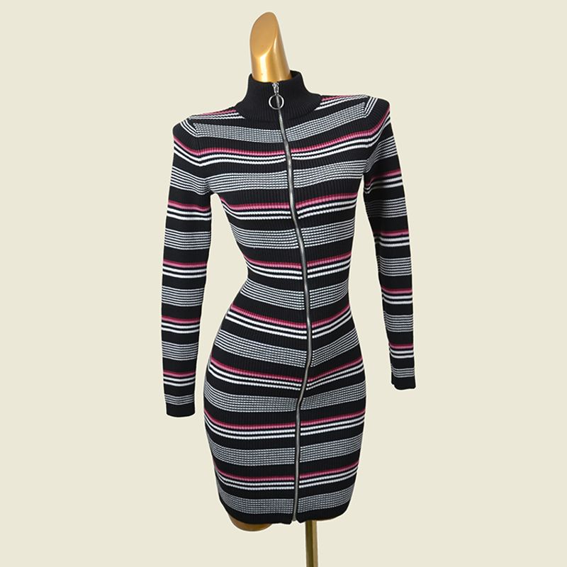 

Foreign Trade Original Striped Half High Collar Base Skirt Slim Fit Inner Wear Hip Elegant Zipper Long Sleeve Dress Stripes powder L
