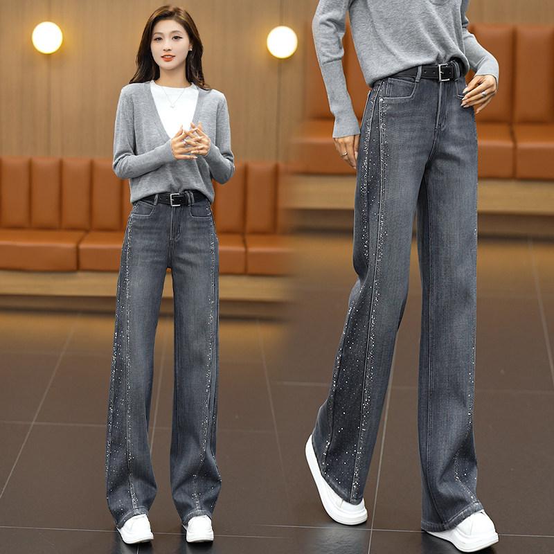 Retro Blue Rhinestone High-Waist Straight Leg Jeans for Women - Stylish, Versatile, Slimming Pants for Spring, Autumn, and Winter 2026 2XL