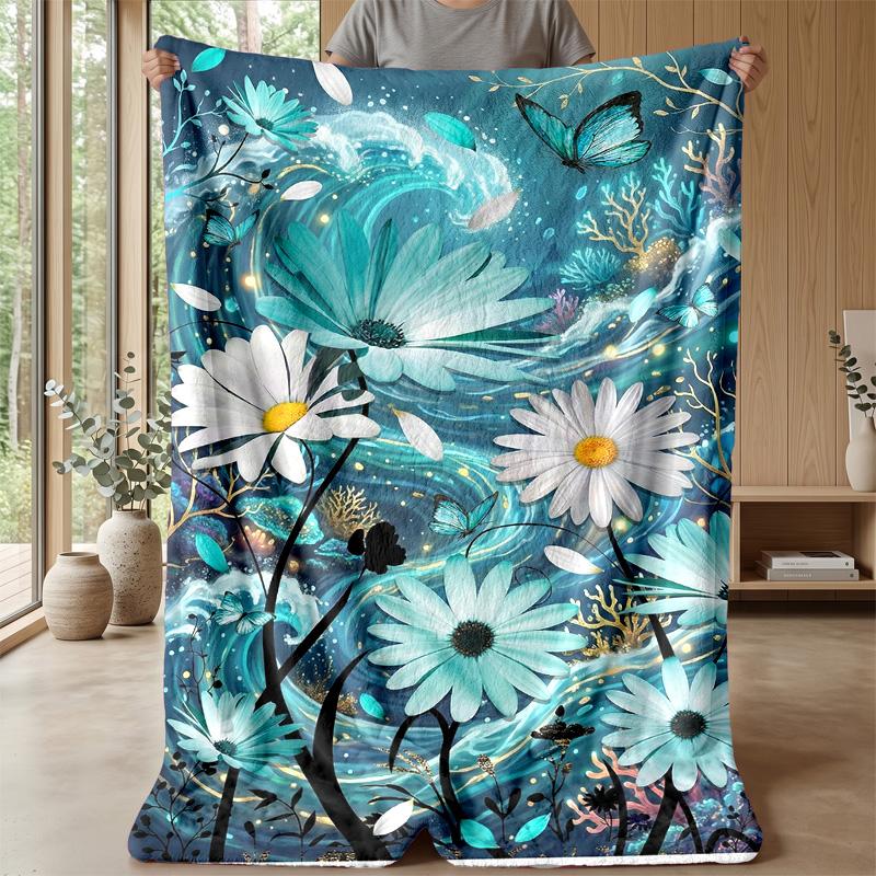 Ocean Floral Art Theme blanket Lightweight Warm Flannel Blanket Decorative Throw Blanket for Home Decoration