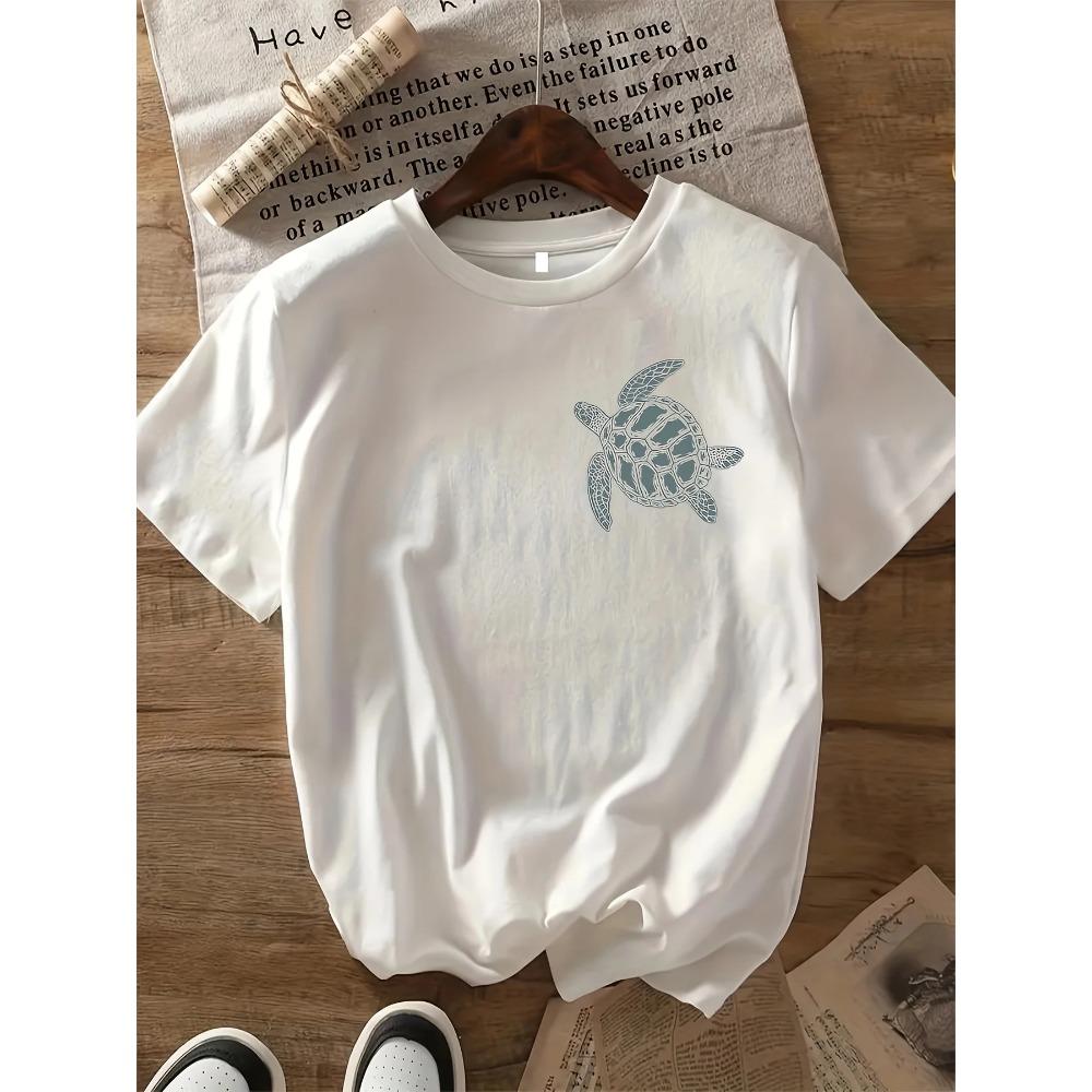 Vibrant Turtle Graphic Print T-Shirt Women Crew Neck Geometric Pattern Female Short Sleeve Casual Tee for Summer