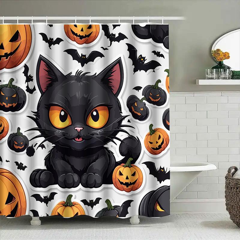 Halloween Decor Shower Curtain Set With Black Cat Pumpkin Bats Print Waterproof Fabric Bathroom Liner For Kids Gifts