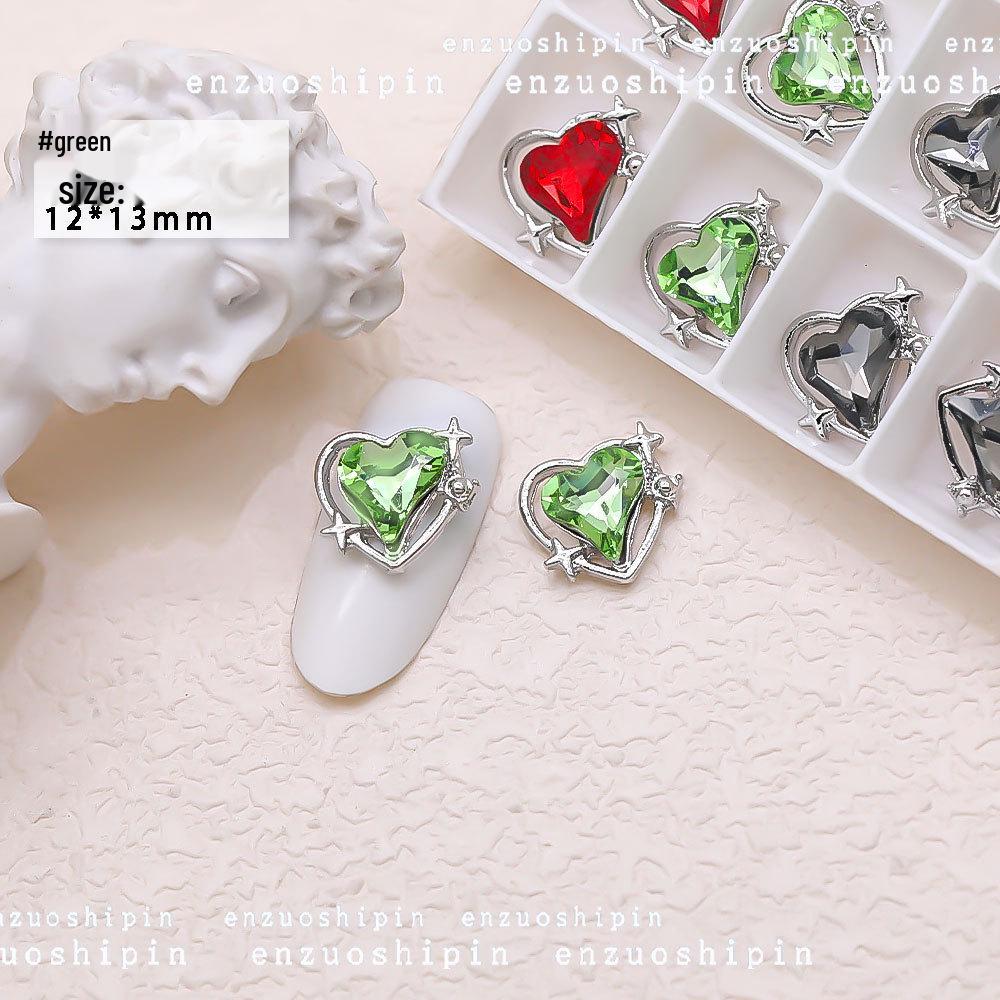 

Сатурн и звездный нейл-арт с изогнутым бриллиантом в форме сердца - металлические аксессуары в стиле Хуази в холодном стиле с сердечками Starlight Heart - Light Green