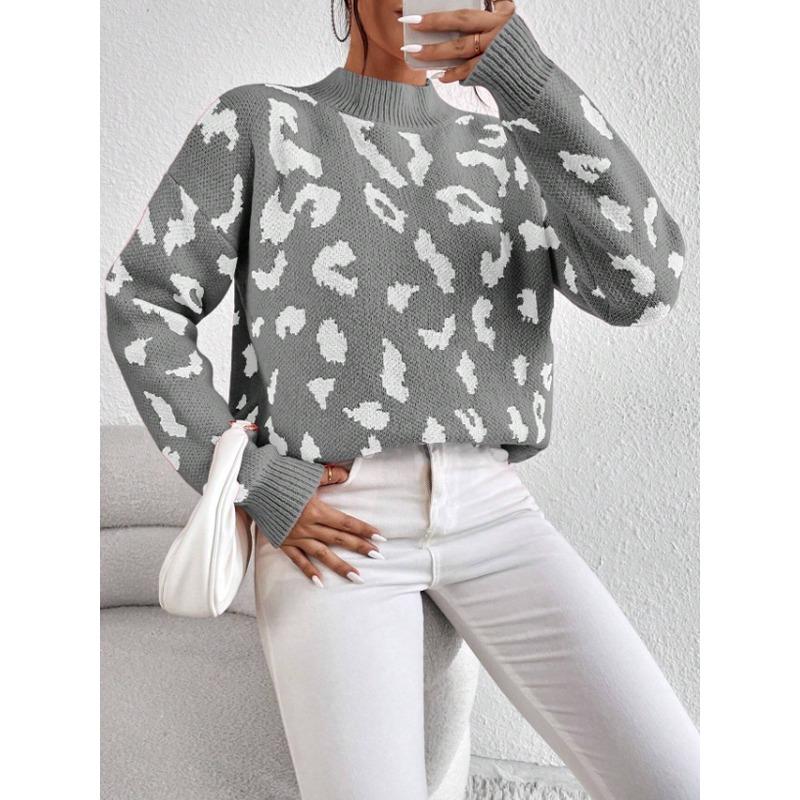 Women S Fashion Round Neck Long Sleeve Pullover Sweater Leopard Print