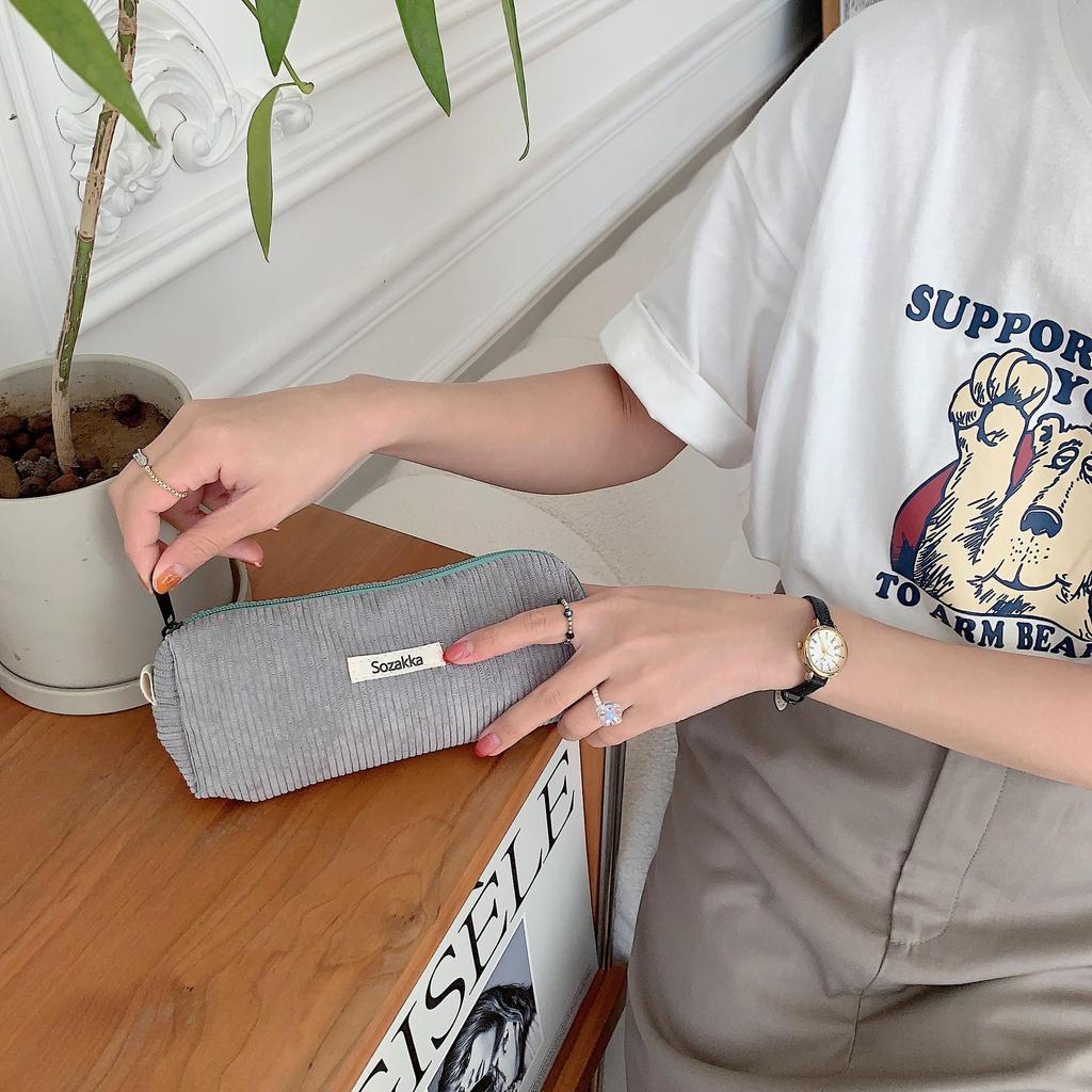 In Stock: Retro Corduroy Pencil Case - Solid Color, Simple Design for High School Students