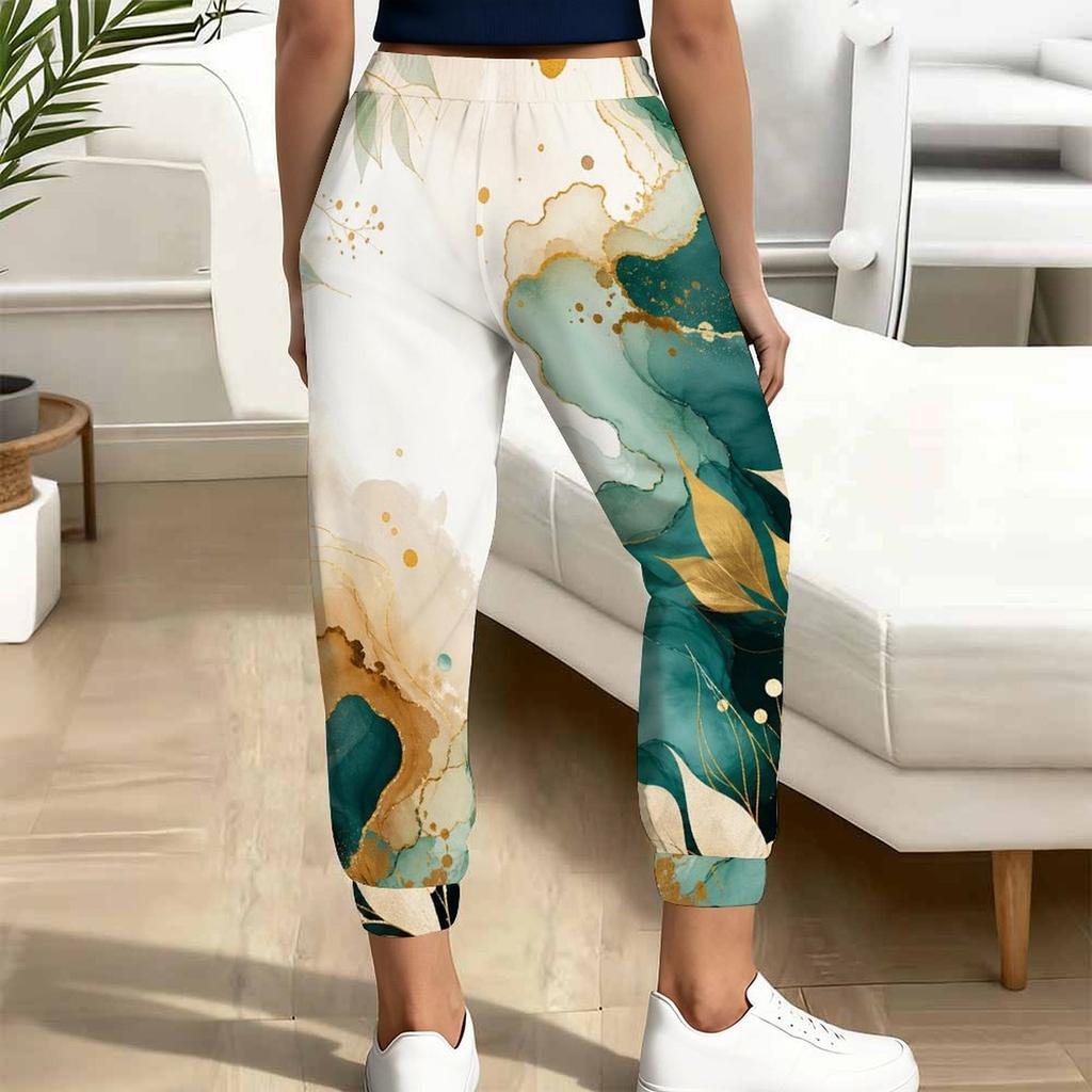 Women Plus Size Blue Gold Marble Printed Drawstring Waist Side Pockets Cuffed Ankle Jogger Pants
