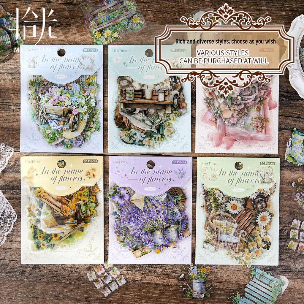Shiguang Blumige Landschaft PET-Aufkleber-Set: 30 gemischte pflanzenförmige Dekorationsaufkleber in 6 Designs.