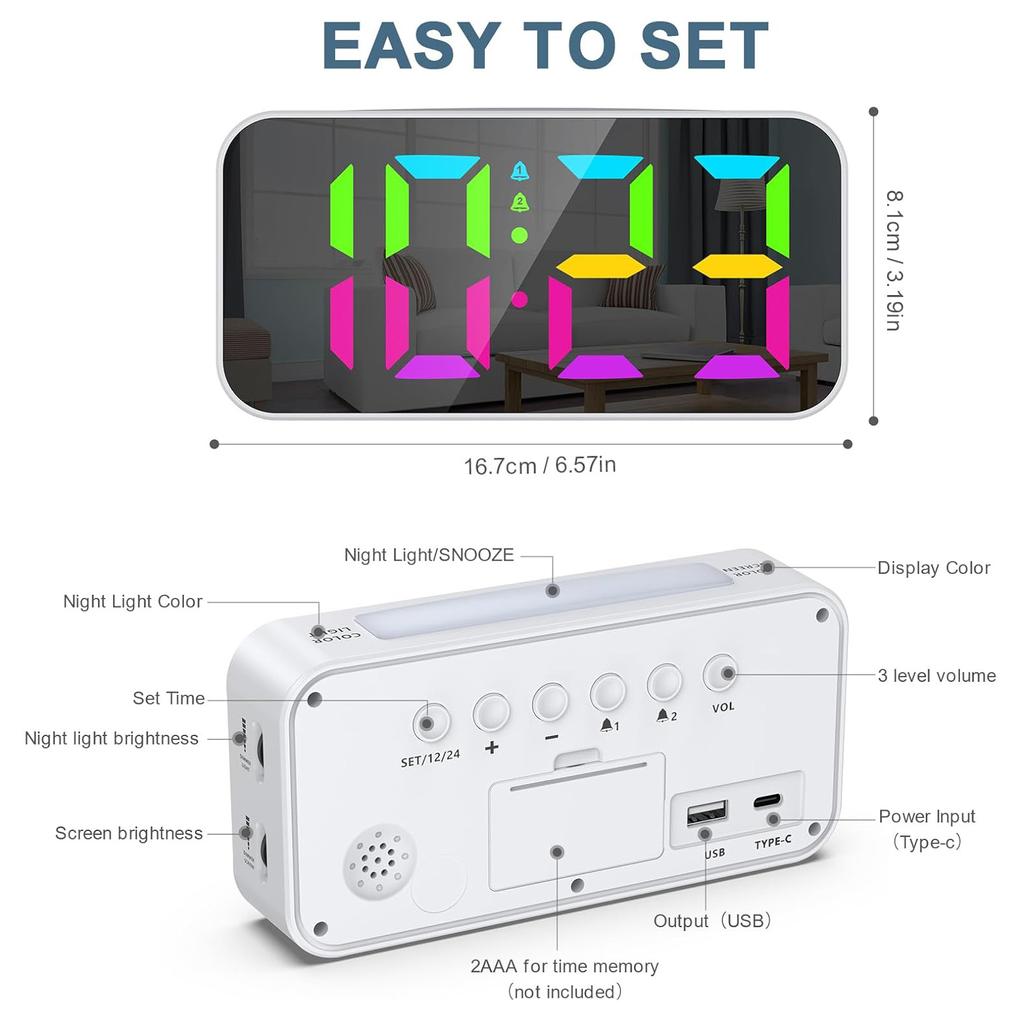 Digital väckarklocka Sängklocka Färgstark RGB LED-display Klocka med dubbla alarm Snooze-timer, USB-port