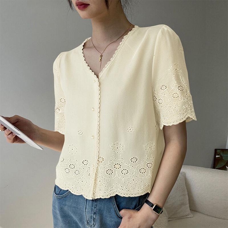 

ZANZEA Женская повседневная блузка с V-образным вырезом, летняя, с коротким рукавом, с вышивкой и кружевом 5XL абрикосовый