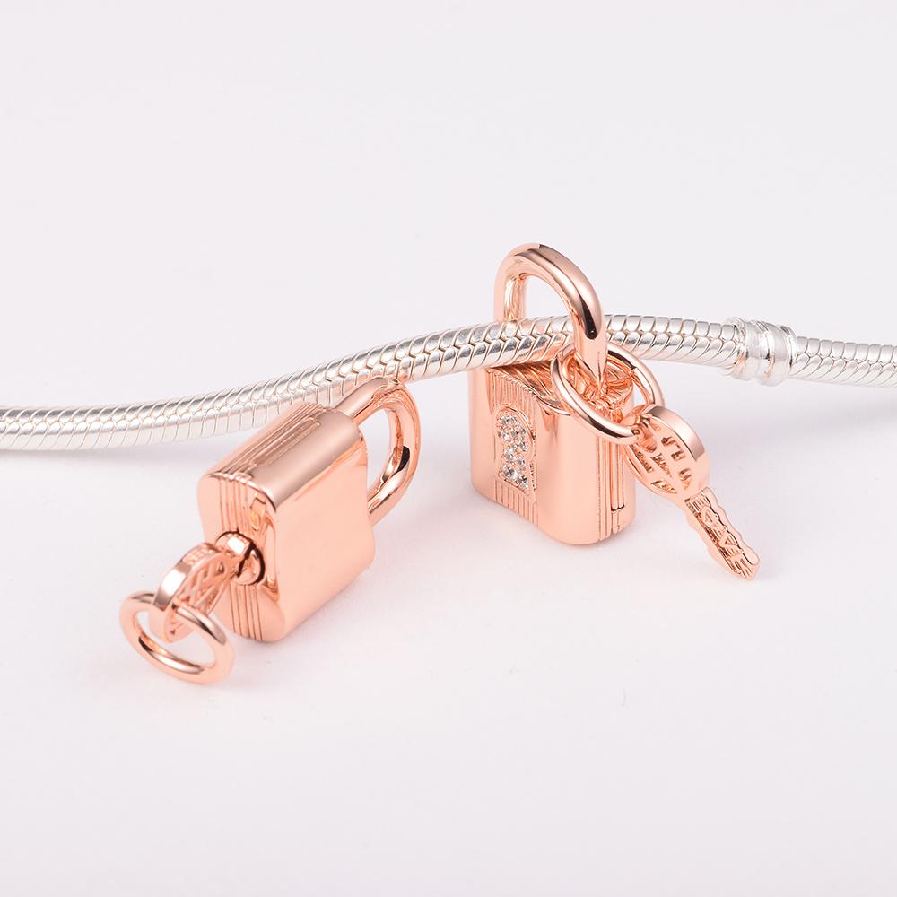 Rose Gold Plated Padlock and Key Dangle Charm 925 Sterling Silver Beads Fits Europe Bracelets DIY Jewelry Making 2022 New