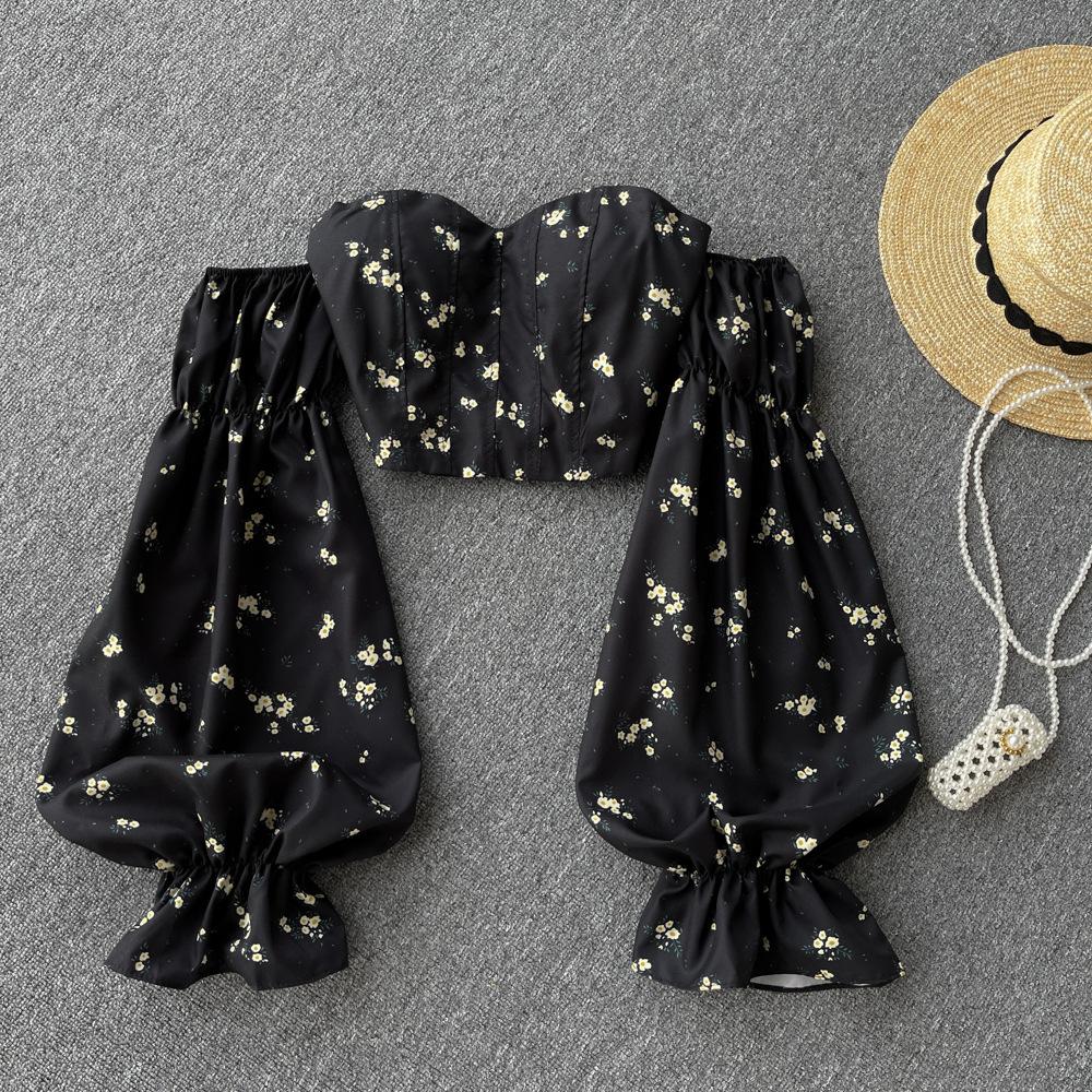 

Женская рубашка Spice Girl на одно плечо с длинным рукавом и открытой спиной, с милым цветочным принтом, короткий топ с темпераментом one size чёрный