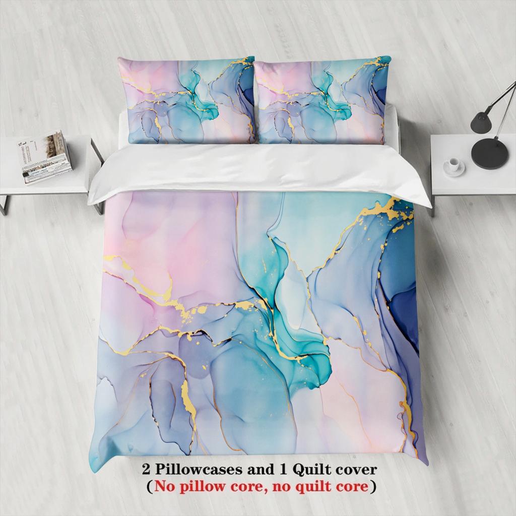 Abstract Art Bedding Set Blue Pink Purple Gold Marble Pattern Bedding With Duvet Cover & Pillowcases For Bedroom