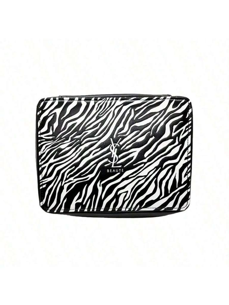 YSL Makeup Bag, Featuring a Zebra Print Design and Zipper Closure, Suitable for Everyday Use, Work, Travel, and School.