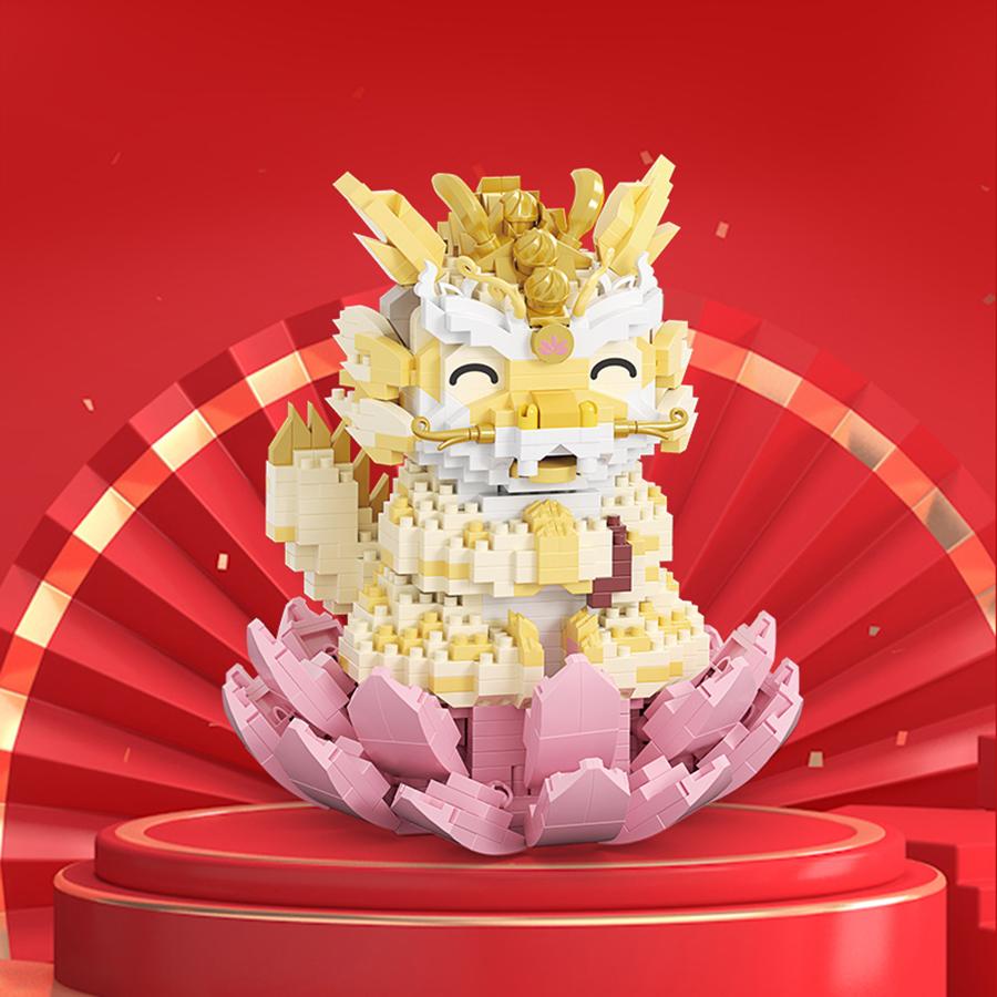 Non-Toxic Chinese New Year Style Lion Dance Dragon Micro Particle Building Blocks Desktop Decoration Model Toy New Year Gift