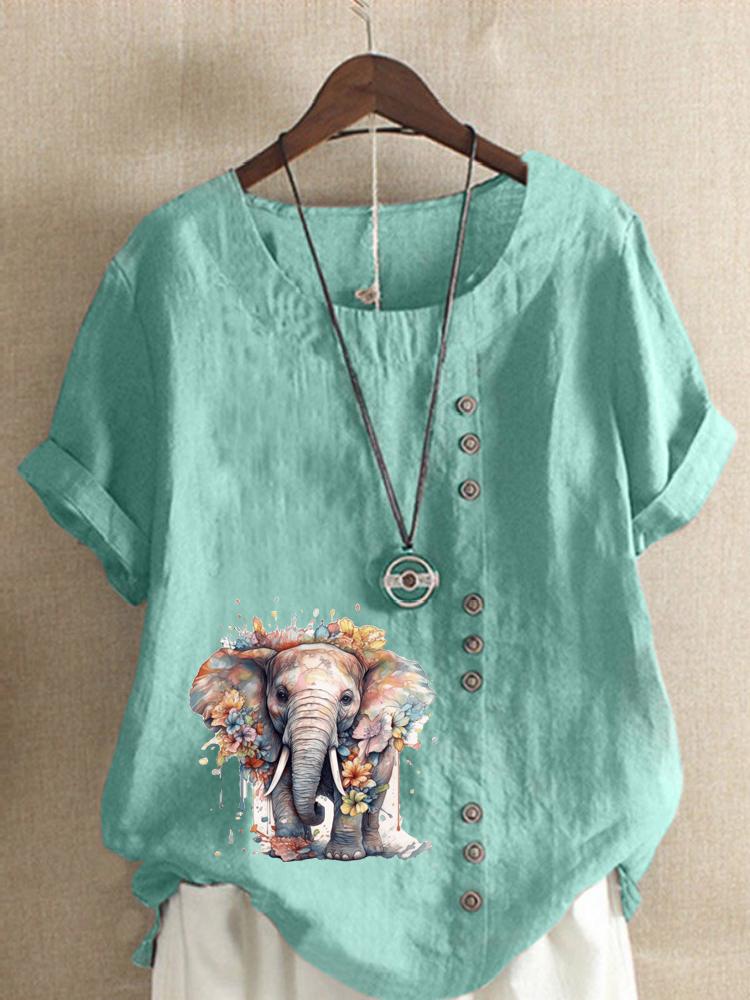 Women's Fashion Elephant Print Casual Cotton Linen Short Sleeve Round Neck T-shirt Shirt Leisure Loose Summer Blouse Tops