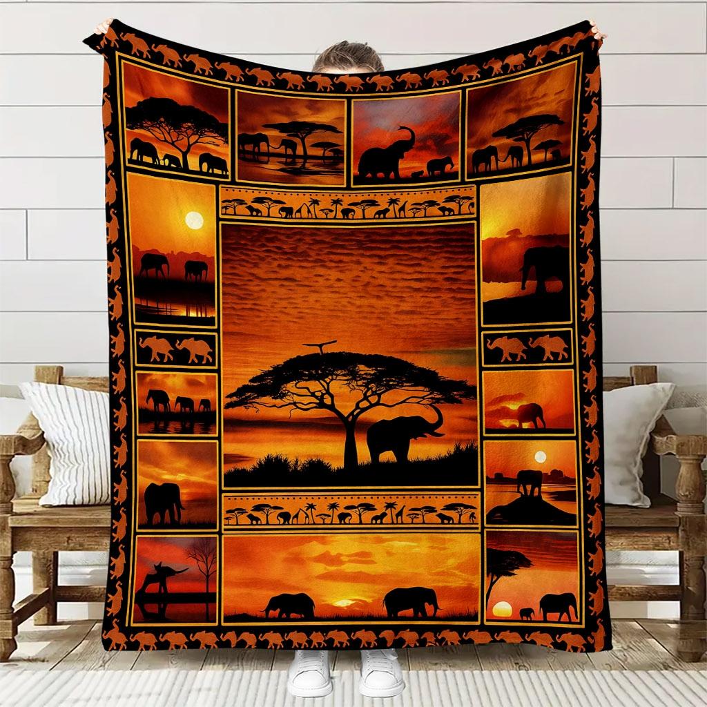 African Elephant Throw Blanket, Sunset Animal Blanket for Sofa Bed Travel Home Decor 75X95CM
