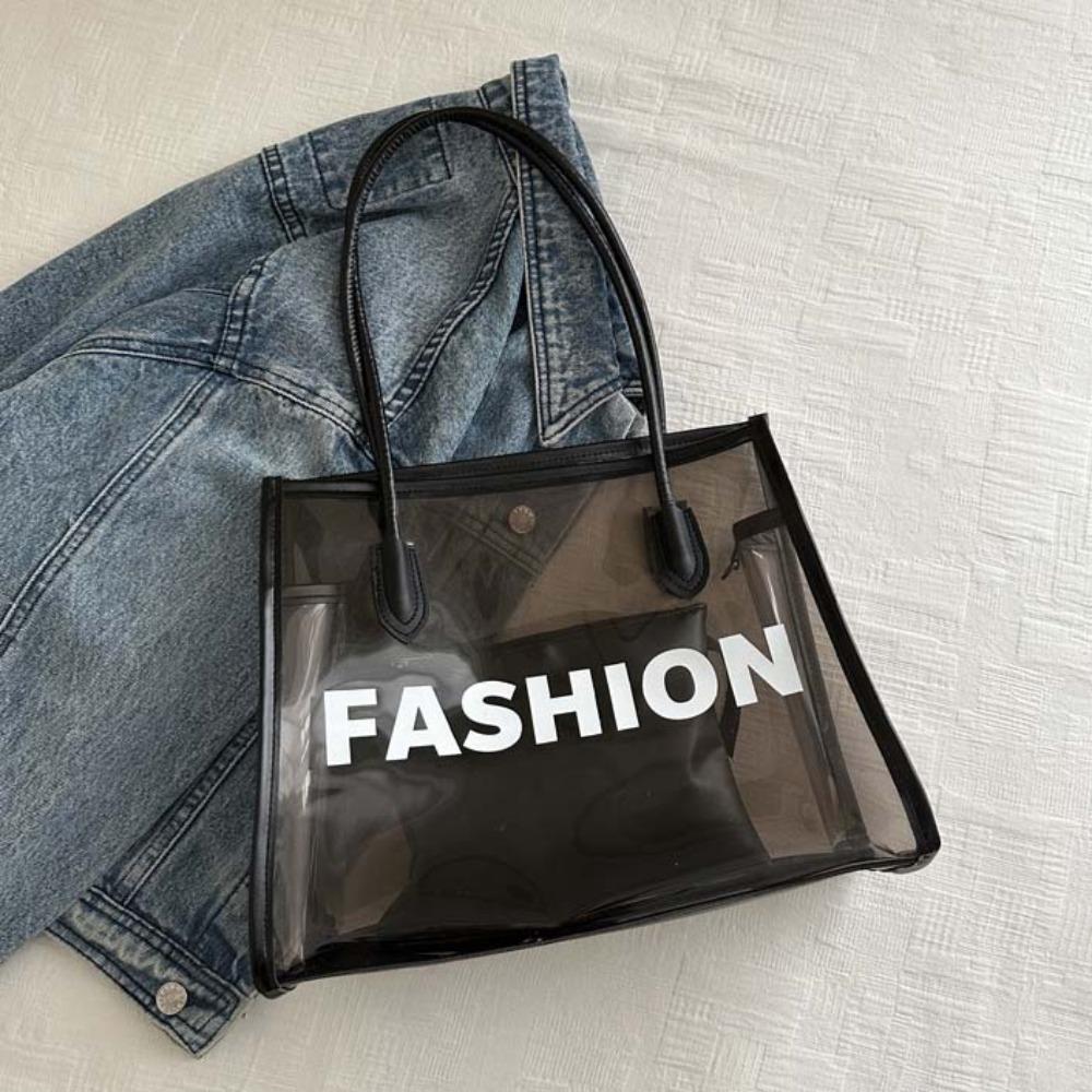 2pcs/set PU Leather Transparent Jelly Bag Large Capacity PVC Composite Tote Bags  School