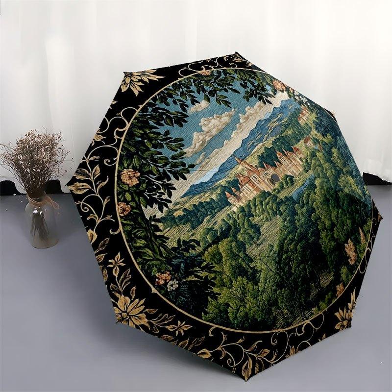 Renaissance Castle Scene Decorative PlateUmbrella with Cute Design,Portable 3-Fold Compact Umbrella for Men&Women,Valentine's Day Mother's D