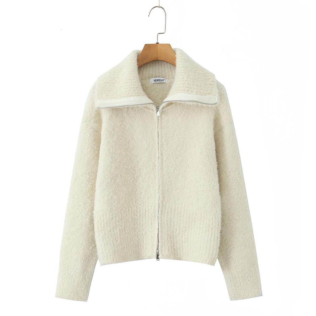 European and American women's clothing, the new slim-fitting and thin foreign-style versatile double zipper lapel knitted cardigan