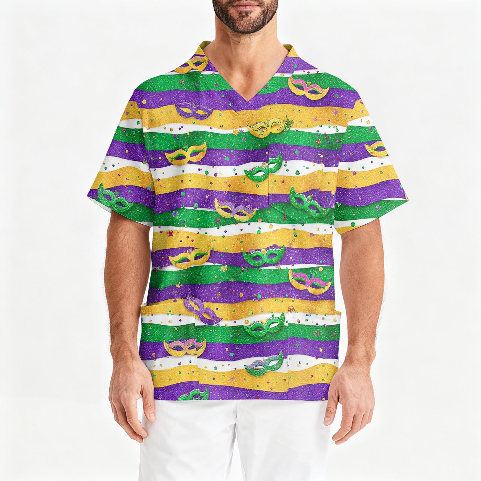 Мужская рабочая блузка с короткими рукавами и v-образным вырезом с принтом, топ с нагрудным карманом L белый