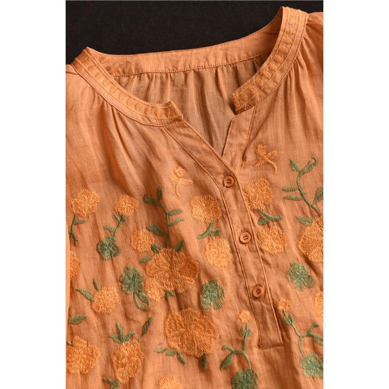 DIMANAF 2025 Summer Plus Size T-Shirt Women Embroidery Short Sleeve V-Neck Vintage New Loose Tops Tees Maxi