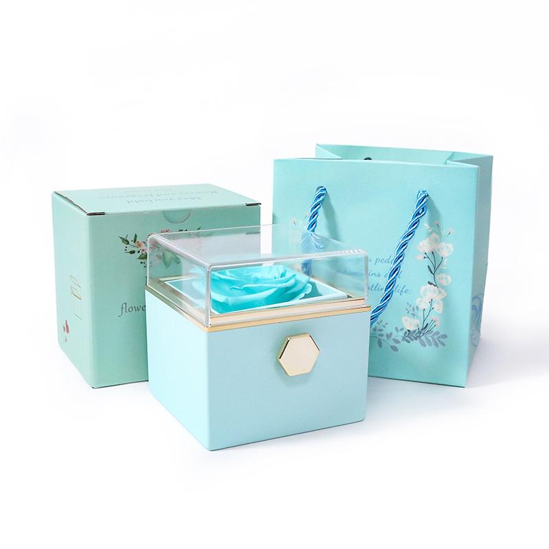 Manual Rotating Preserved Flower Jewelry Box with Necklace Ring Holder Luxury Acrylic Eternal Rose Box for Anniversary Gift